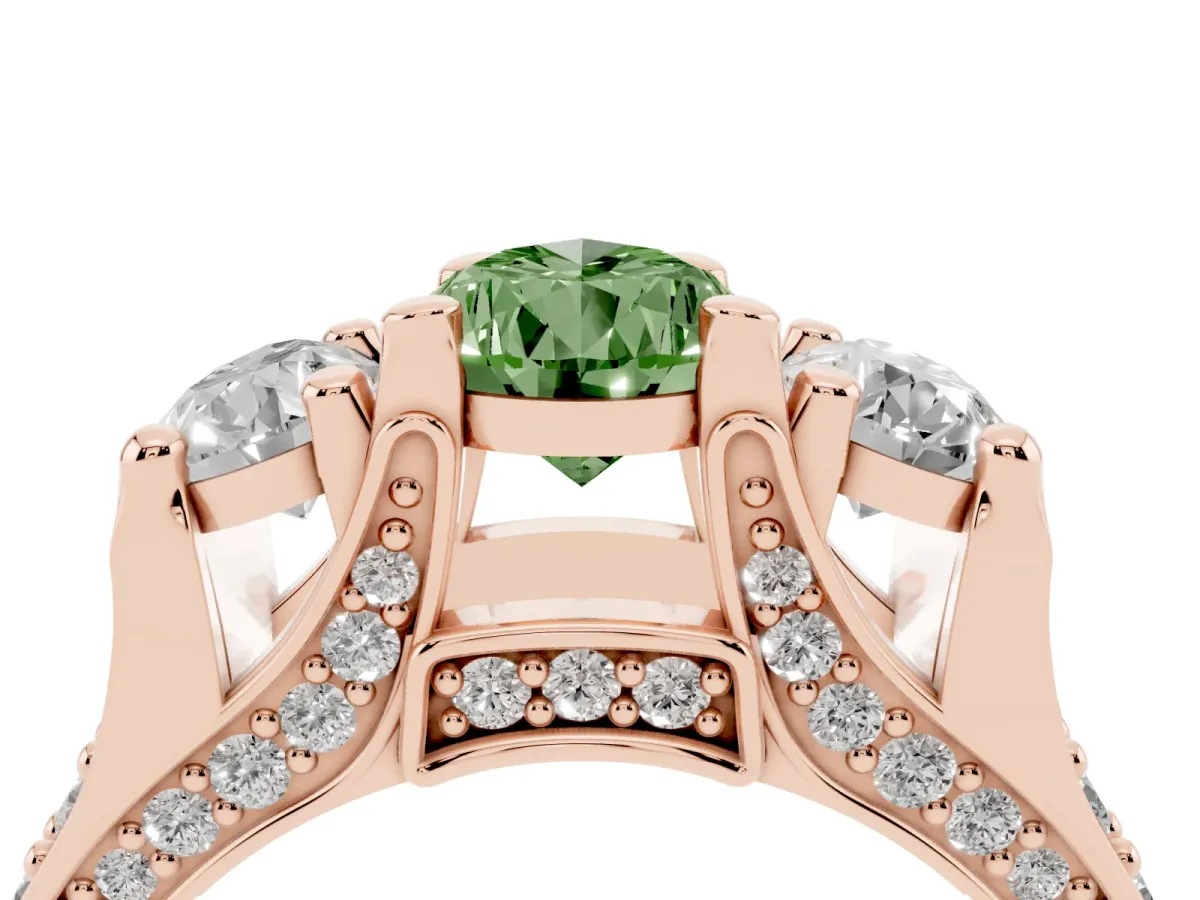 Fancy Green Pear Cut Diamond Three-Stone Ring with Channel Set Band and Four-Prong Setting Rose gold