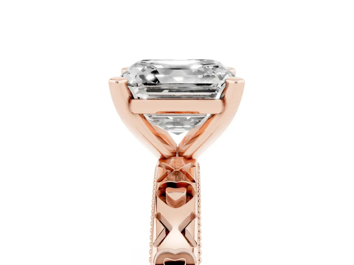 Asscher Cut Solitaire Diamond Engagement Ring with XO Engraved Band and Four-Prong Setting Rose gold