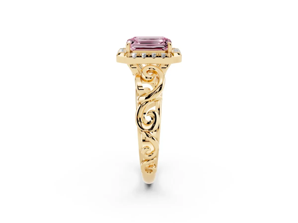 Fancy Pink Emerald Cut Cut Halo Diamond Ring with Scrollwork Band and Four-Prong Setting Yellow gold