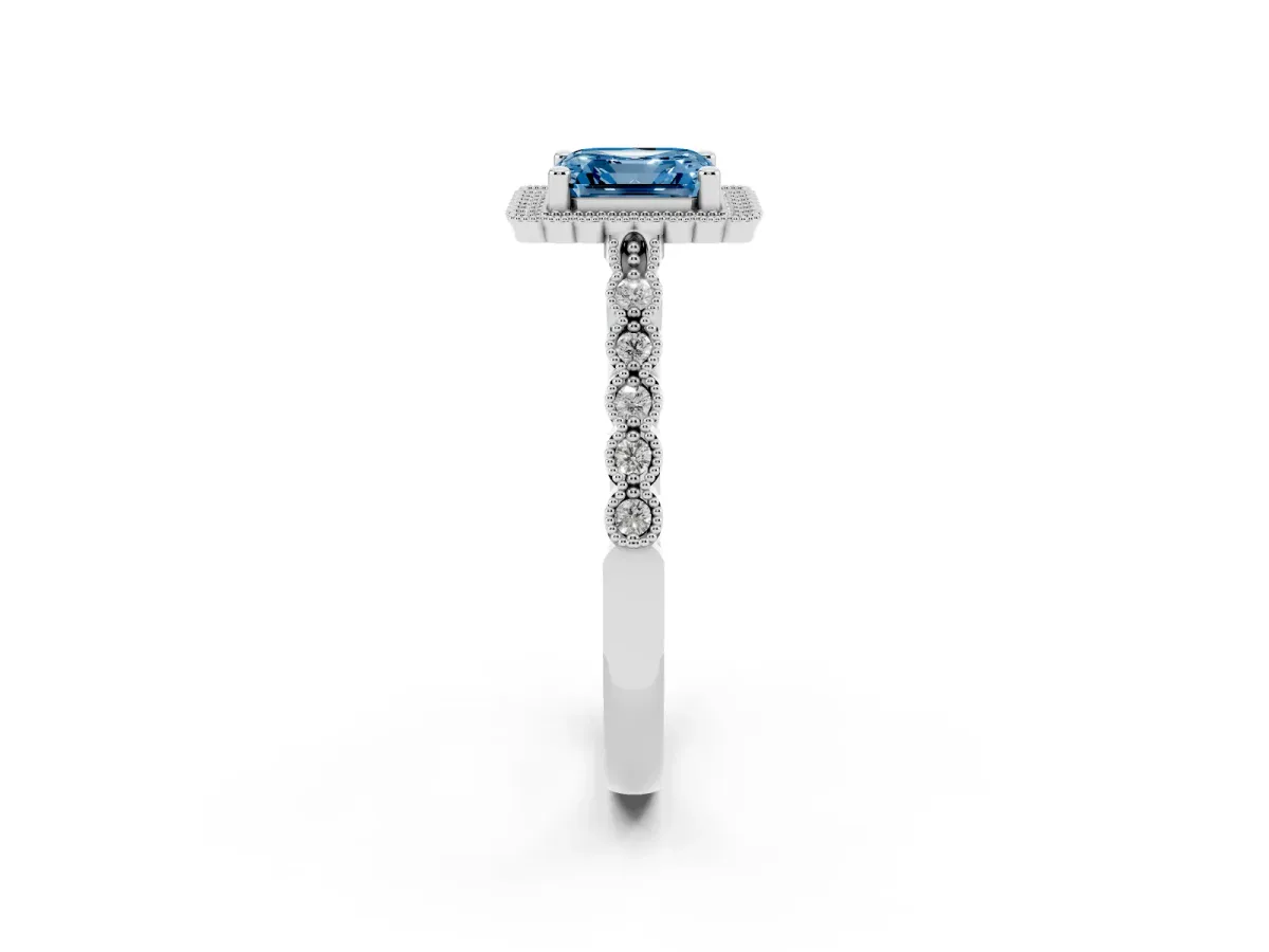 Fancy Blue Asscher Cut Cut Halo Pavé Solitaire Ring with Milgrain Band Platinum
