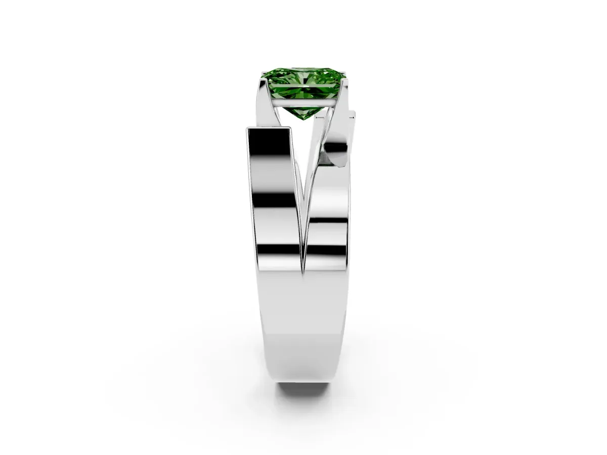 Fancy Green Modern Tension Set Radiant Cut Diamond Solitaire Wide Band Ring Platinum