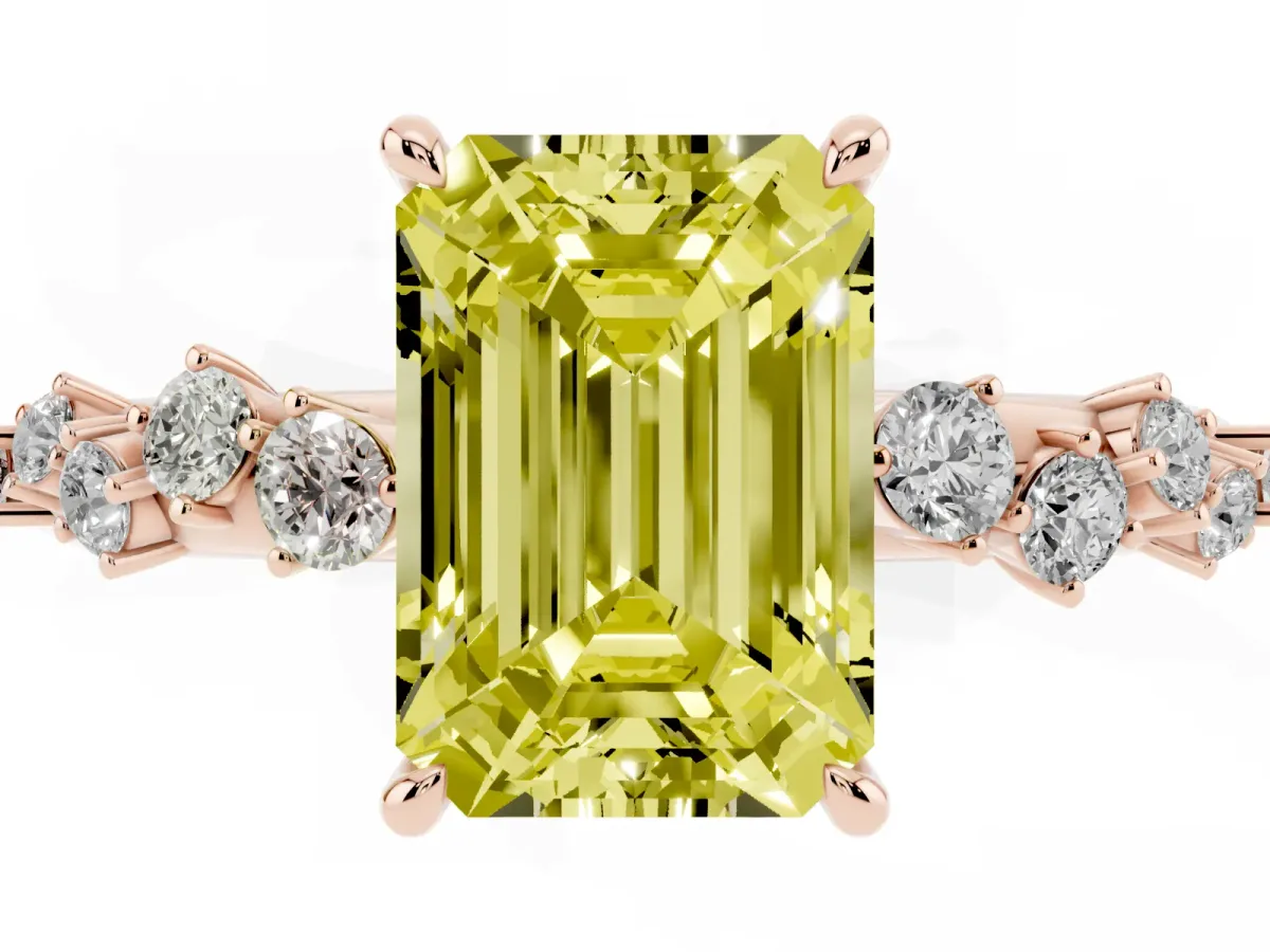 Fancy Yellow Emerald Cut Diamond Cluster Side Stone Solitaire Ring with Prong Setting Rose gold