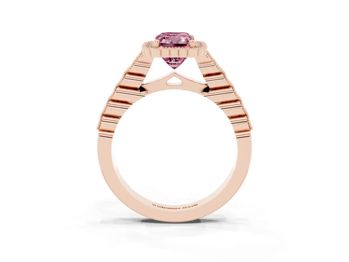 Fancy Pink Radiant Cut Cut Halo Pavé Solitaire Ring with Milgrain Band Rose gold