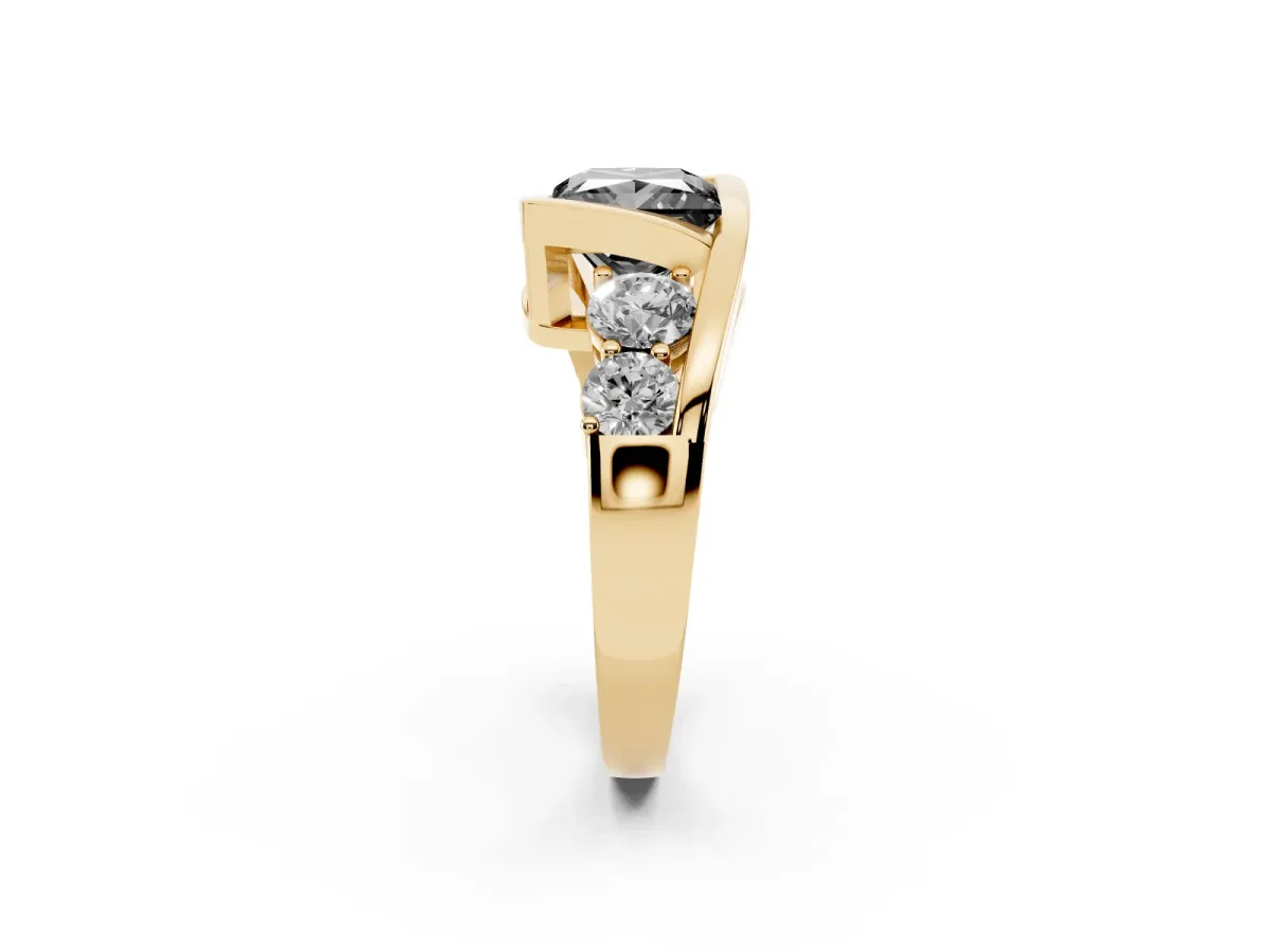 Fancy Black Bezel Set Princess Cut Diamond Bypass Ring with Round Accents Yellow gold