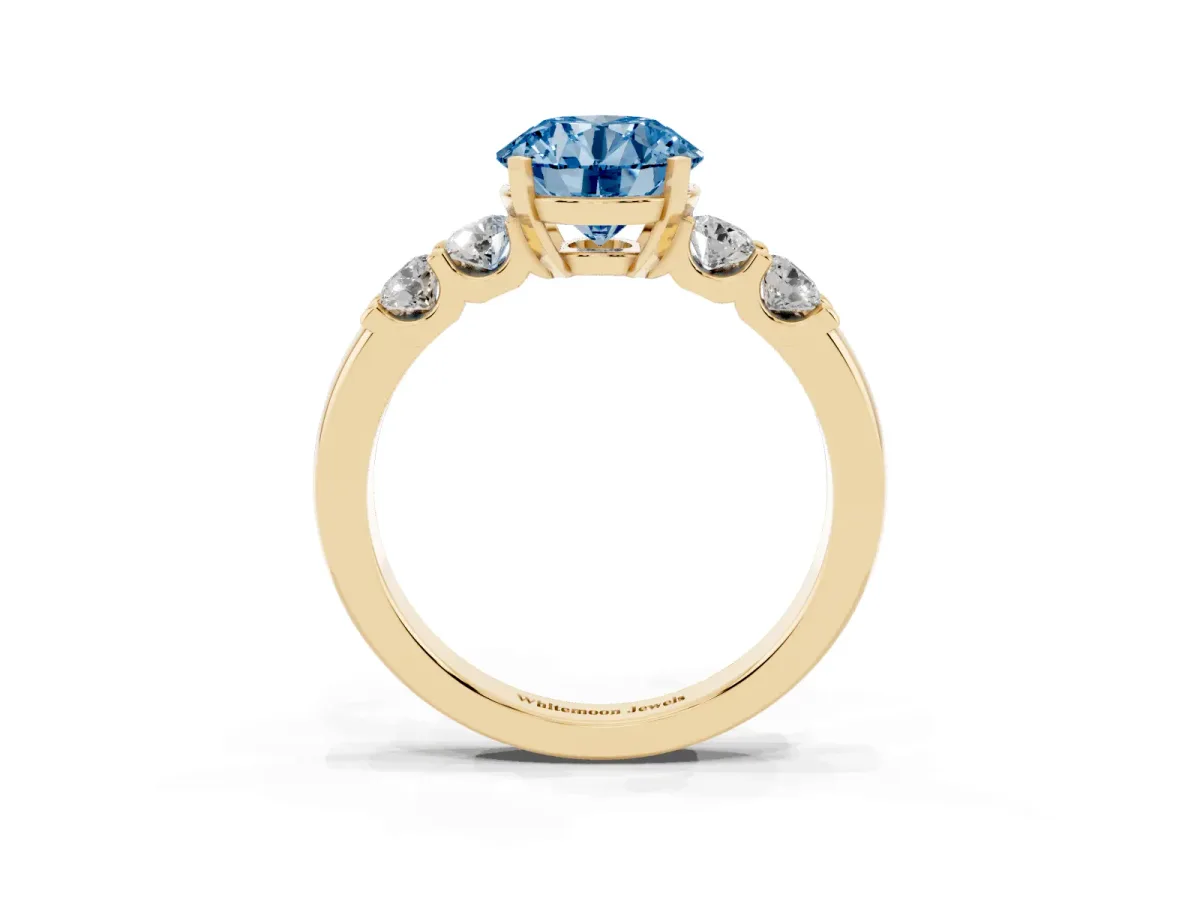 Fancy Blue Round Cut Brilliant Cut Diamond Five-Stone Prong Set Engagement Ring with Channel Band Yellow gold