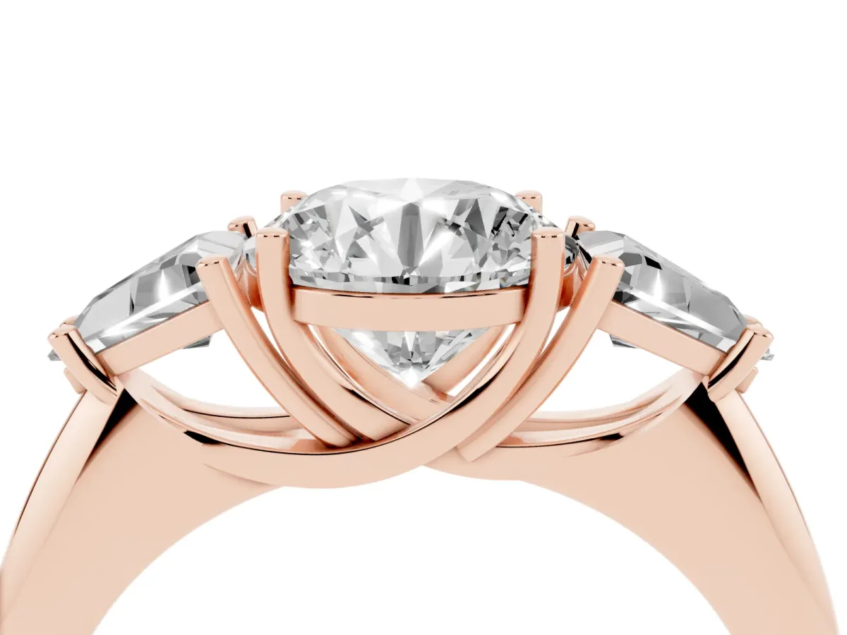 Three-Stone Round Cut Diamond Engagement Ring with Trillion Side Stones and Prong Setting Rose gold