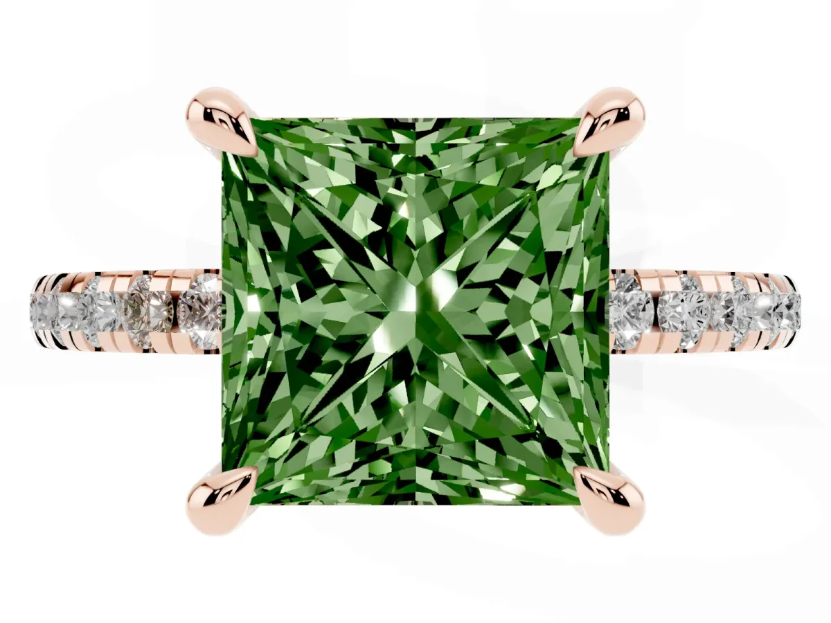 Fancy Green Princess Cut Diamond Brilliant Solitaire Ring with Pavé Band and Four-Prong Setting Rose gold