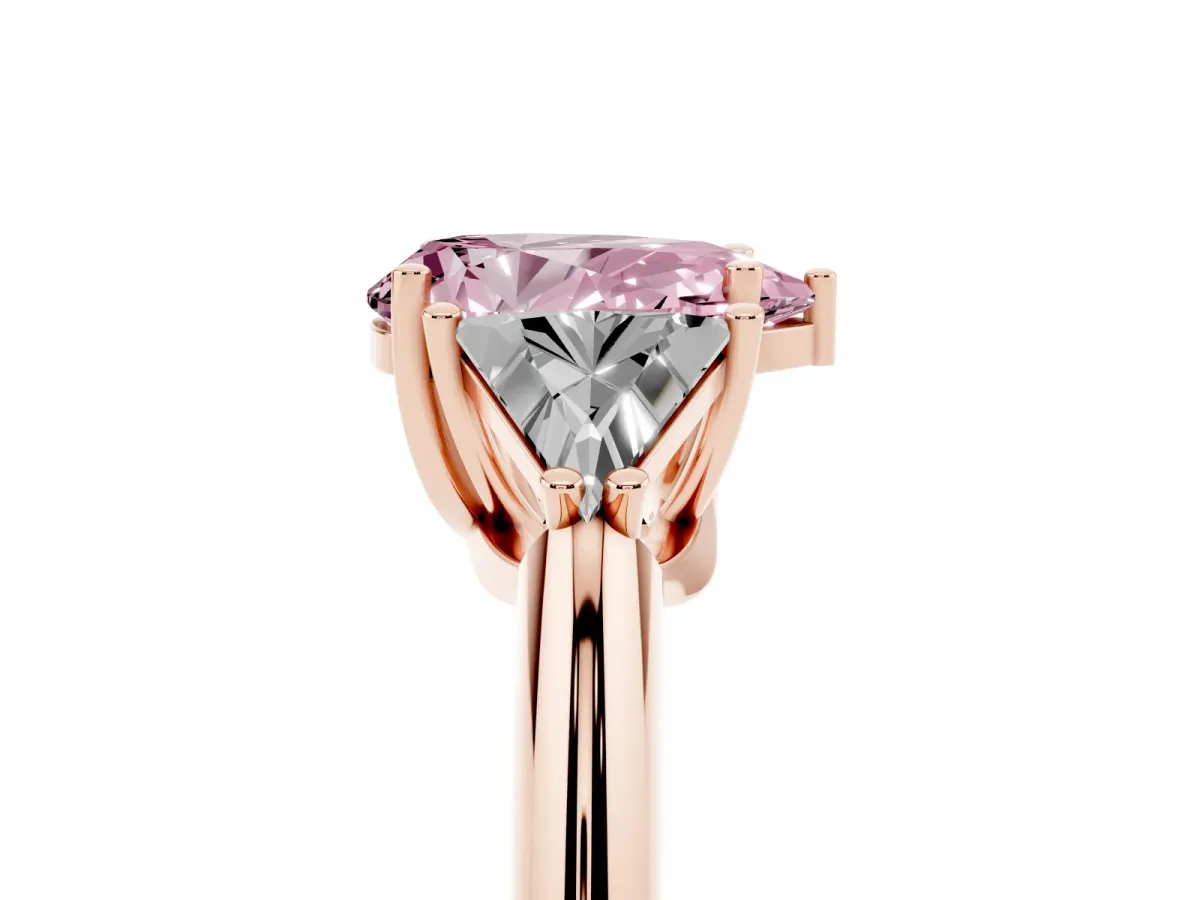 Fancy Pink Three-Stone Pear Cut Diamond Engagement Ring with Trillion Side Stones and Prong Setting Rose gold