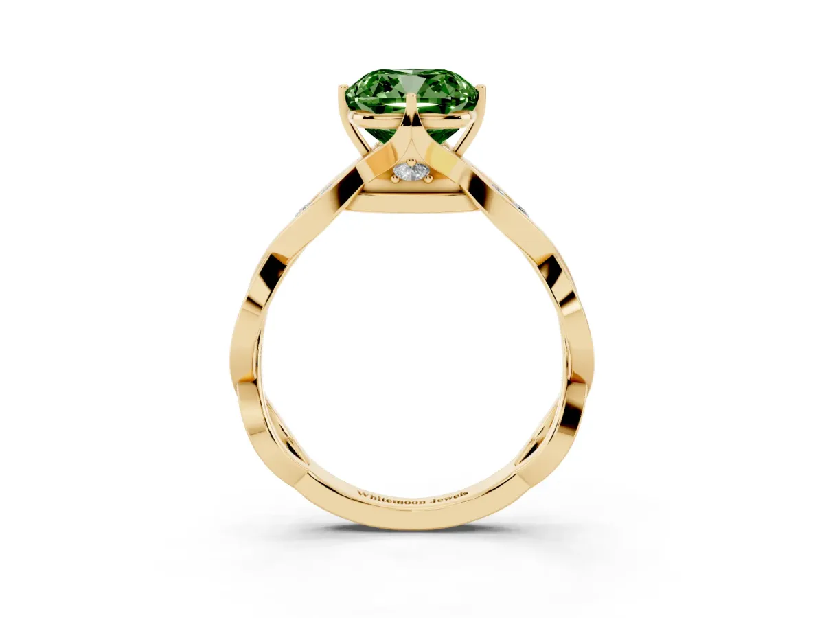 Fancy Green Cushion Cut Solitaire Twist Band with Leaf Prong Setting Yellow gold