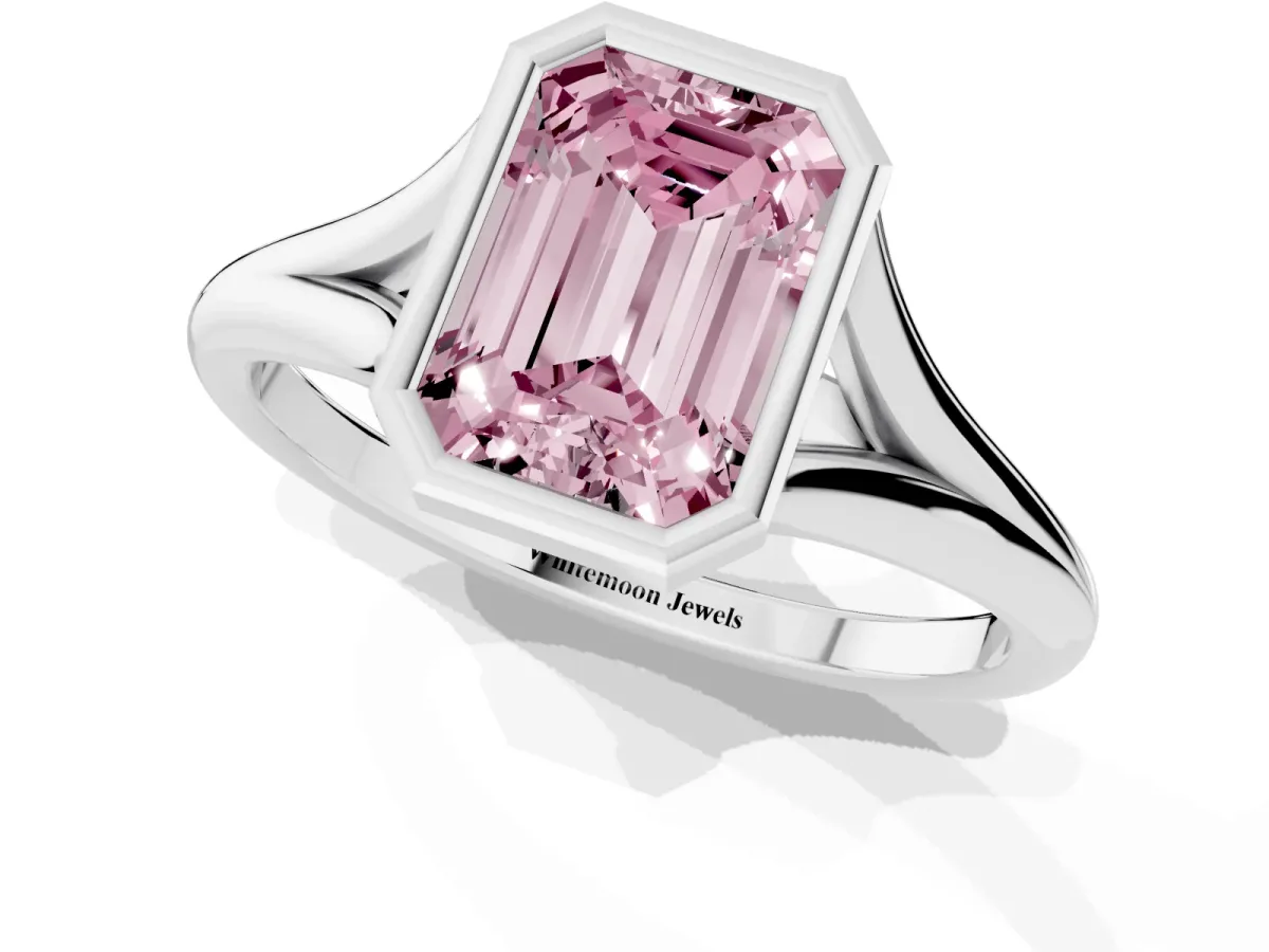 Fancy Pink Bezel Set Emerald Cut Cut Solitaire Ring with Tapered Band Silver