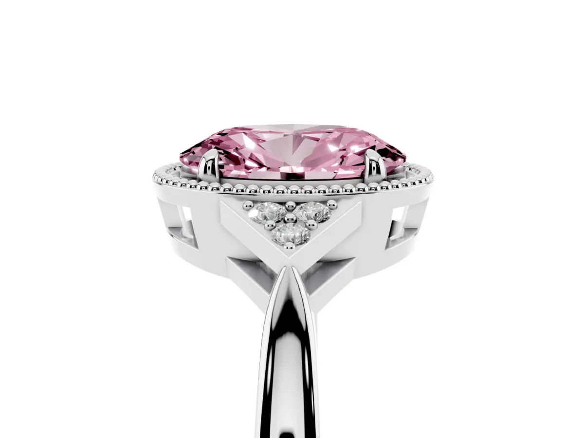 Fancy Pink Hexagonal Halo Oval Cut Diamond Solitaire with Pavé Band and Four-Prong Setting Platinum