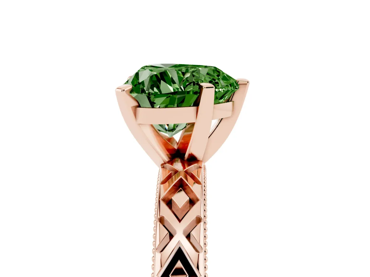 Fancy Green Heart Cut Solitaire Diamond Ring with Milgrain and Black Enamel X Pattern Band Rose gold