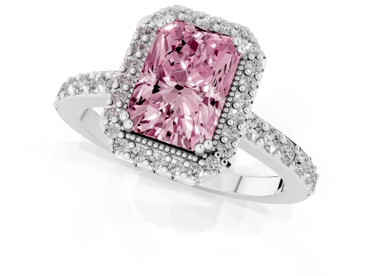 Fancy Pink Radiant Cut Cut Diamond Halo Engagement Ring with Milgrain Detail and Pavé Band Silver