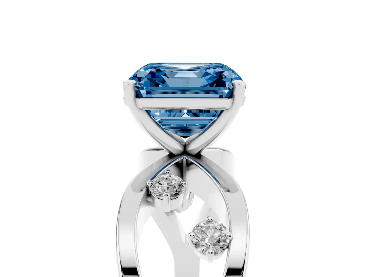 Fancy Blue Asscher Cut Cut Solitaire Diamond with Side Stones on Criss-Cross Band and Four-Prong Setting Platinum