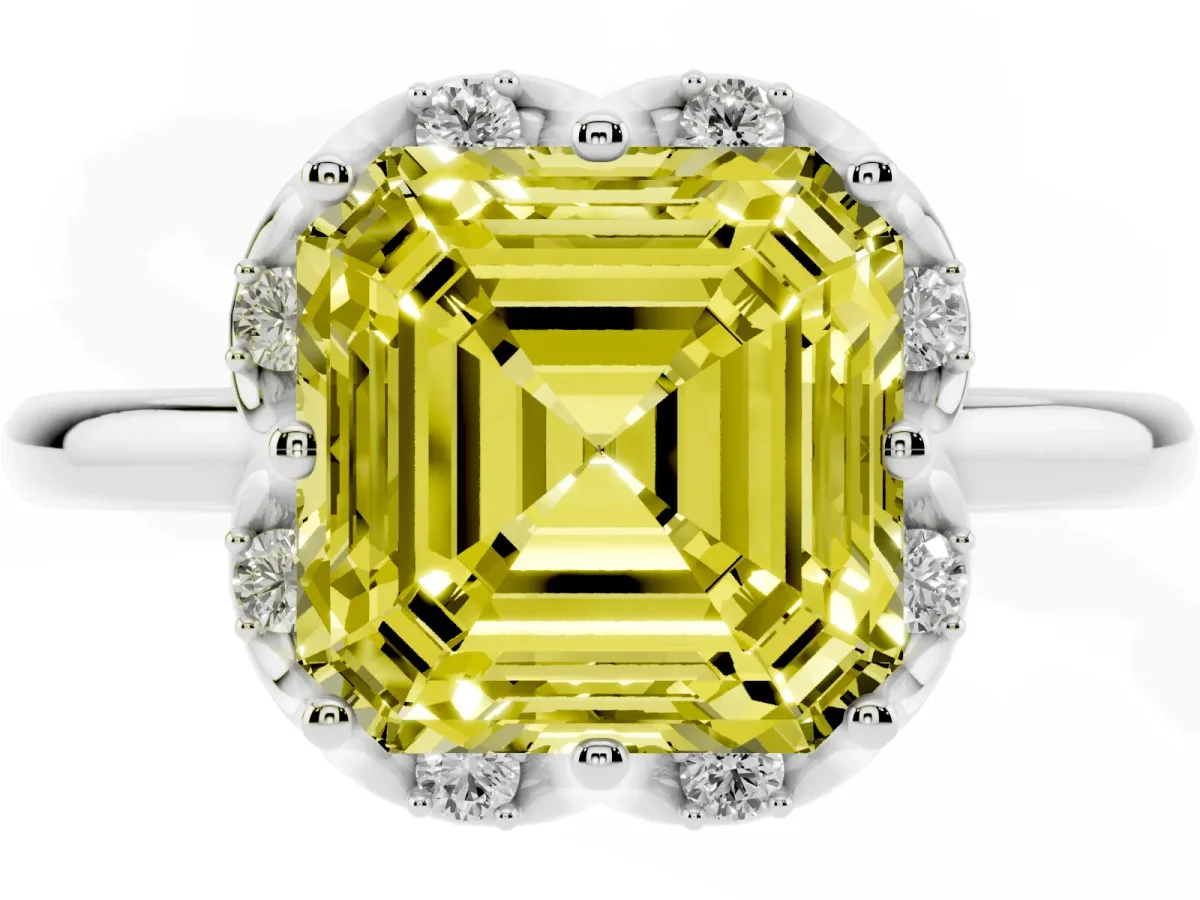Fancy Yellow Asscher Cut Halo Diamond Ring with Round Cluster Setting, Solitaire Band, and Four-Prong Setting Silver