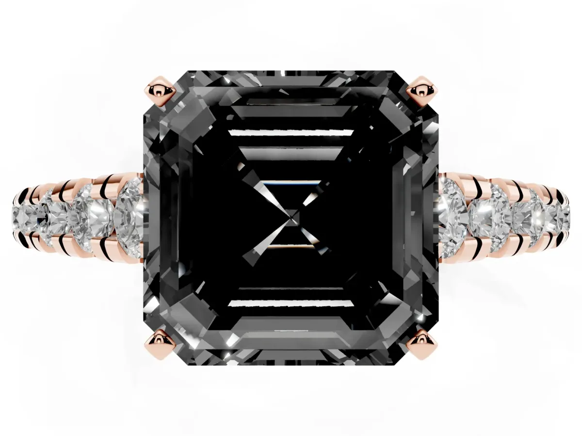 Fancy Black Asscher Cut Diamond Cathedral Solitaire Ring with Round Pavé Band Rose gold