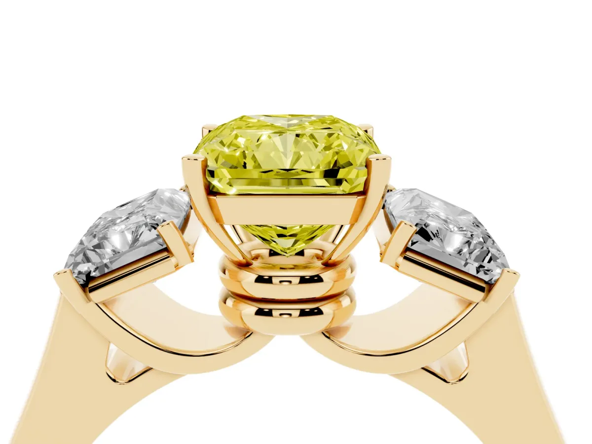 Fancy Yellow Three-Stone Radiant Cut Brilliant Diamond Trellis Ring with Comfort Fit Band Yellow gold