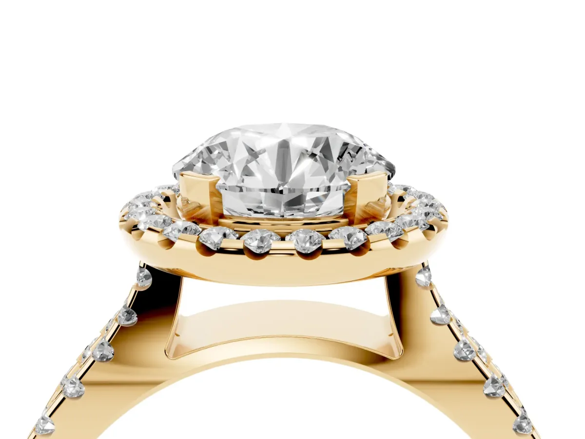 Round Cut Diamond Halo Ring with Split Shank Pavé Band and Prong Setting Yellow gold