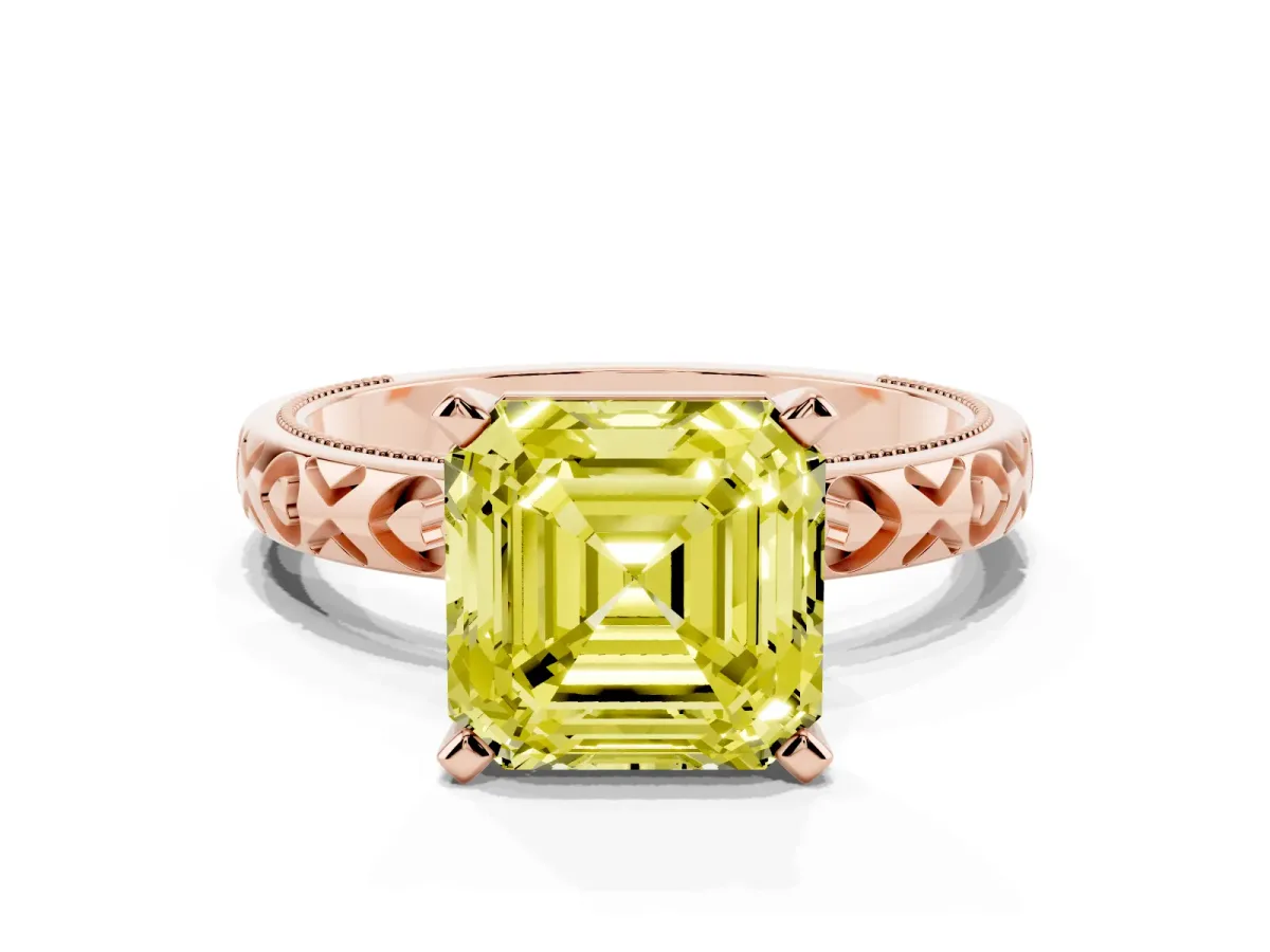 Fancy Yellow Asscher Cut Solitaire Diamond Engagement Ring with XO Engraved Band and Four-Prong Setting Rose gold