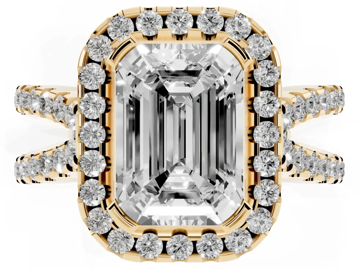 Emerald Cut Diamond Halo Ring with Split Shank Pavé Band and Prong Setting Yellow gold
