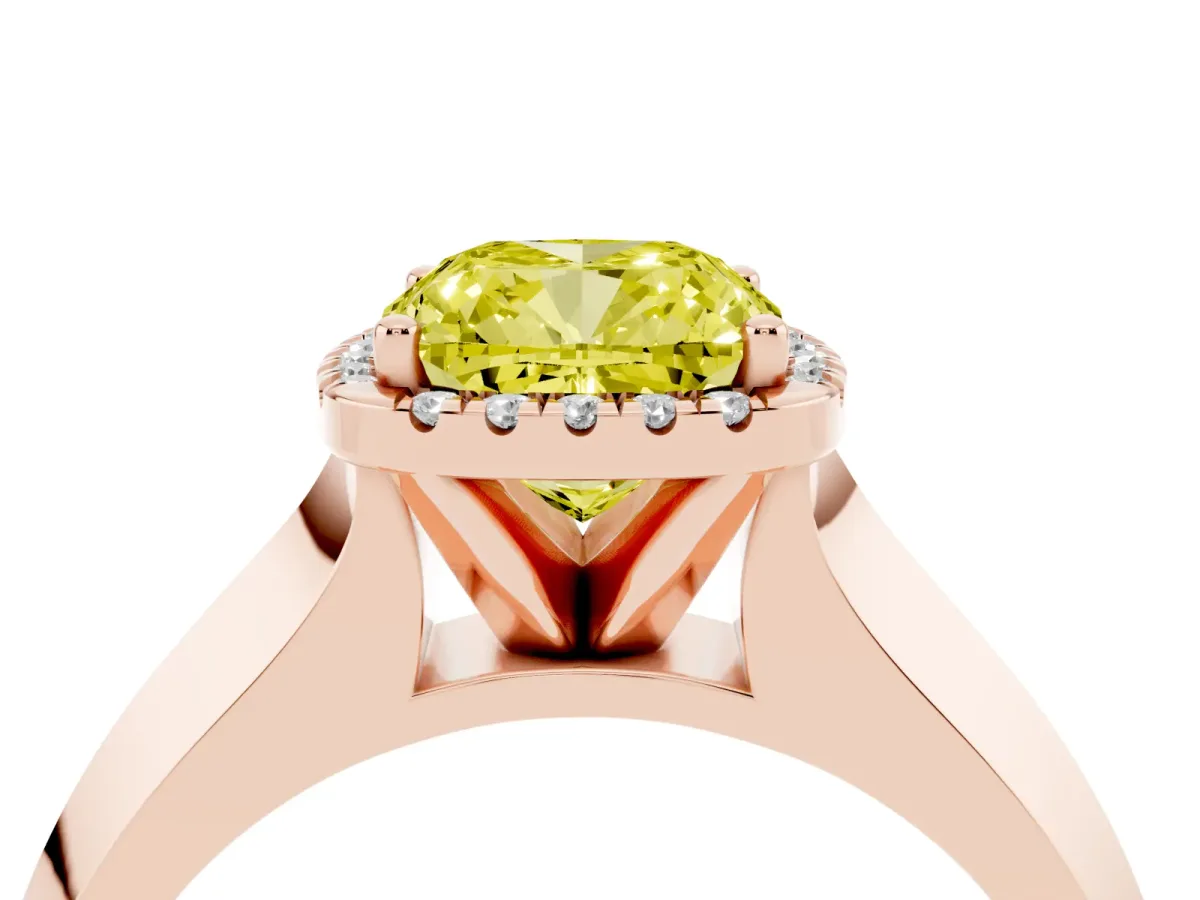Fancy Yellow Cushion Cut Halo Diamond Ring with Cathedral Band and Four-Prong Setting Rose gold