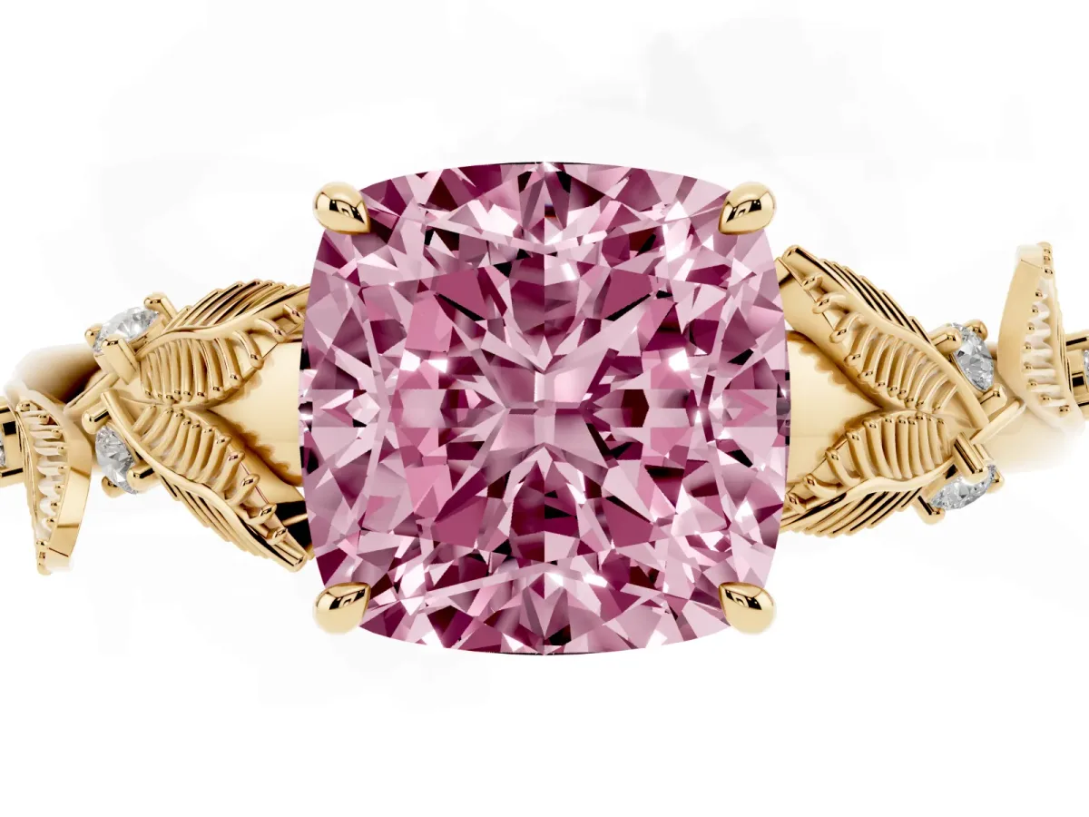 Fancy Pink Cushion Cut Diamond Solitaire Ring with Leaf Motif Band and Four-Prong Setting Yellow gold