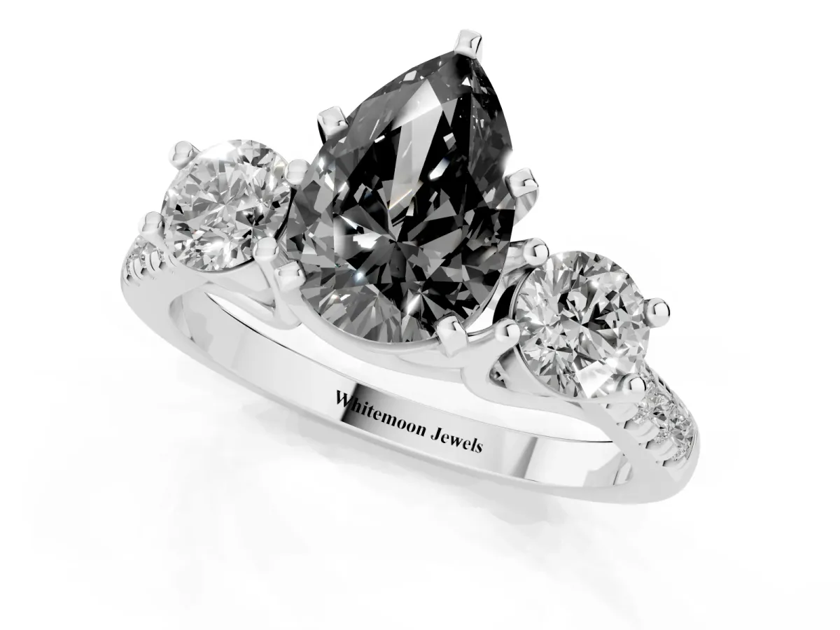 Fancy Black Three-Stone Pear Cut Diamond Pavé Band with Four-Prong Setting Silver