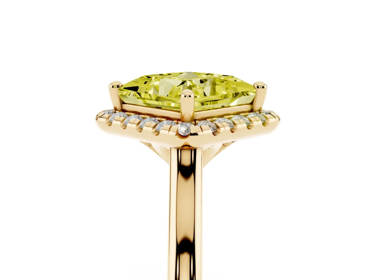 Fancy Yellow Princess Cut Halo Round Diamond Solitaire Engagement Ring with Pave Band and Four-Prong Setting Yellow gold