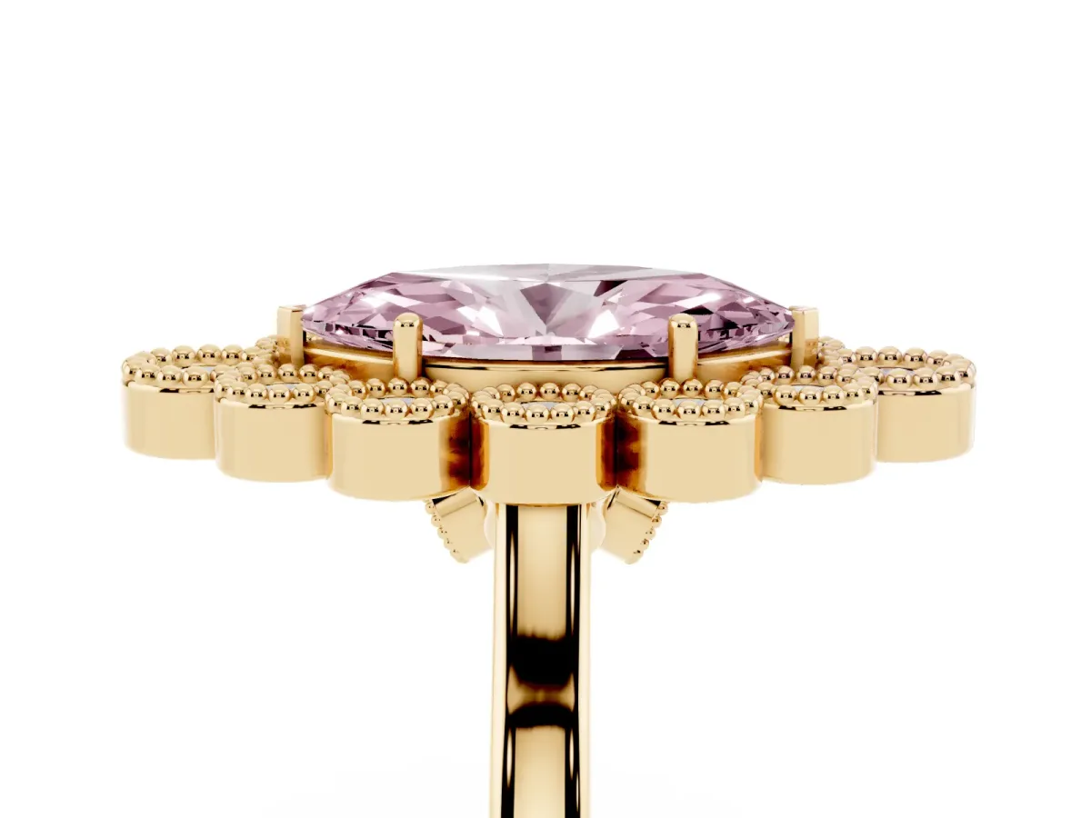 Fancy Pink Marquise Cut Halo Diamond Cluster Engagement Ring with Milgrain Bezel Setting and Solitaire Band Yellow gold