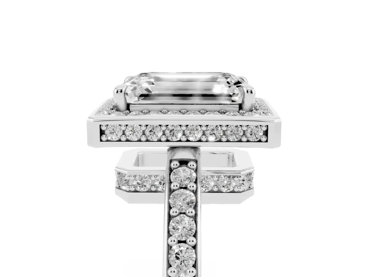 Emerald Cut Halo Pave Band Solitaire Ring with Prong Setting Silver