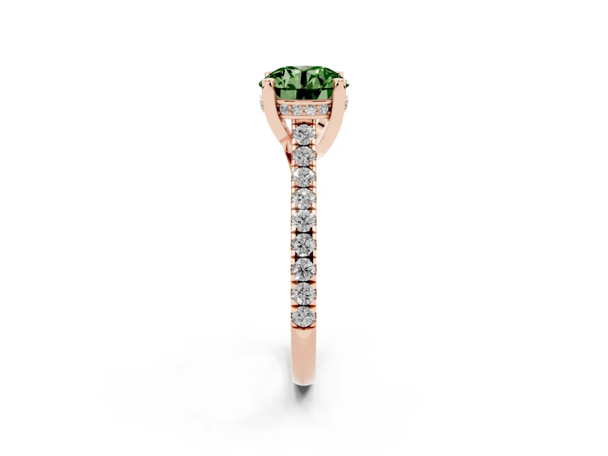 Fancy Green Round Cut Brilliant Diamond Solitaire with Pavé Band and Four-Prong Setting Rose gold