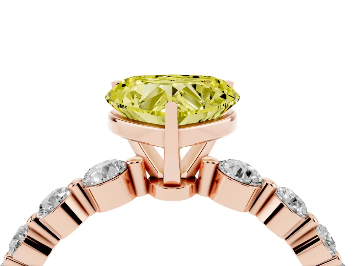 Fancy Yellow Heart Cut Solitaire Diamond Ring with Pave Band and Four-Prong Setting Rose gold