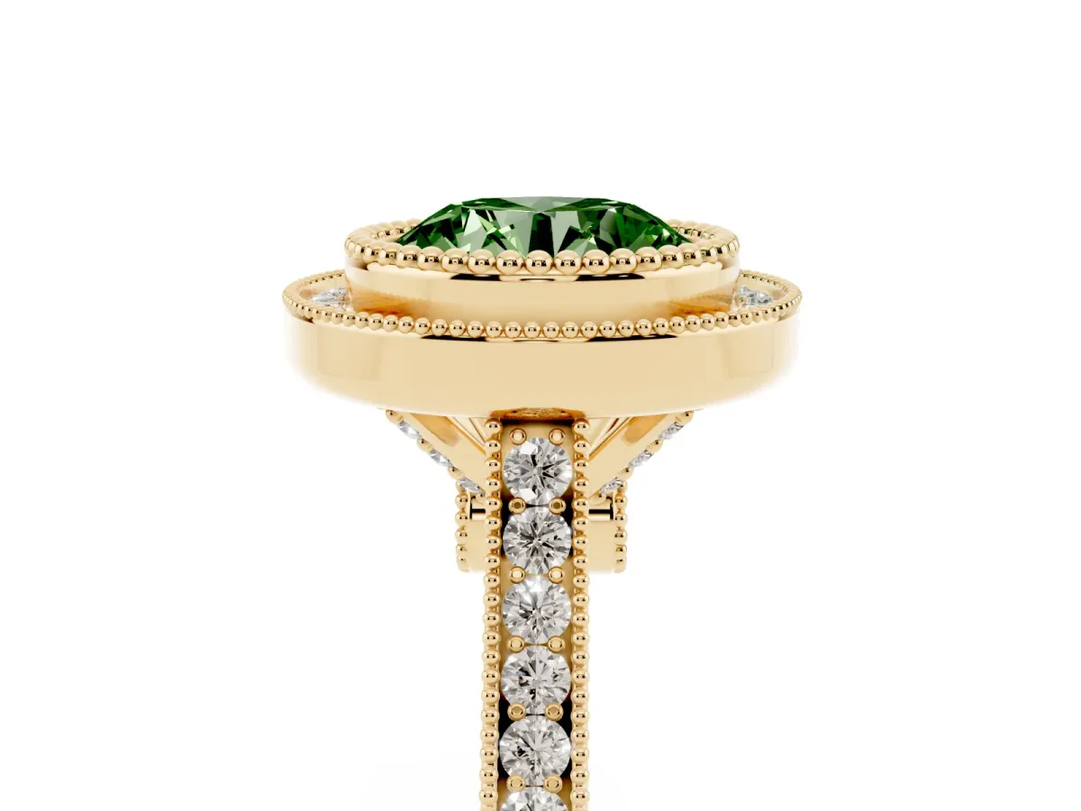 Fancy Green Round Cut Diamond Halo Ring with Milgrain Frame and Pavé Band Yellow gold