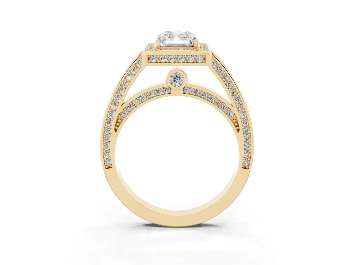 Radiant Cut Cut Halo Pave Split Shank Prong Setting Ring Yellow gold