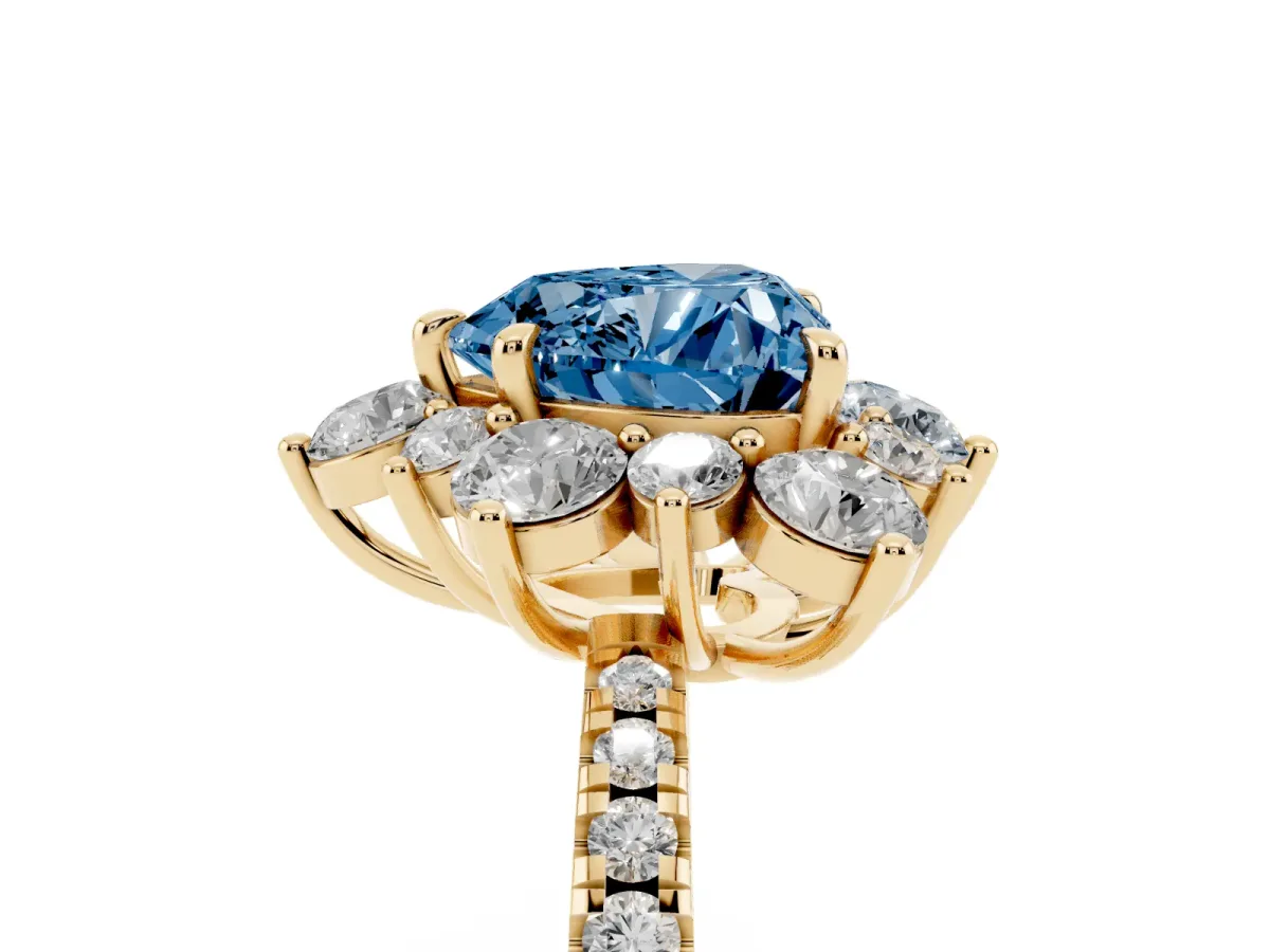 Fancy Blue Heart Cut Diamond Floral Halo Ring with Round Pavé Band and Prong Setting Yellow gold