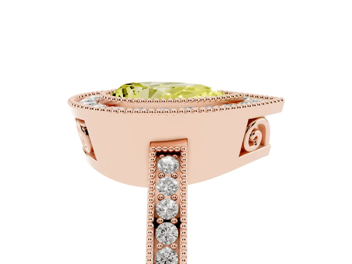 Fancy Yellow Pear Cut Cut Halo Diamond Ring with Pavé Band and Milgrain Prong Setting Rose gold