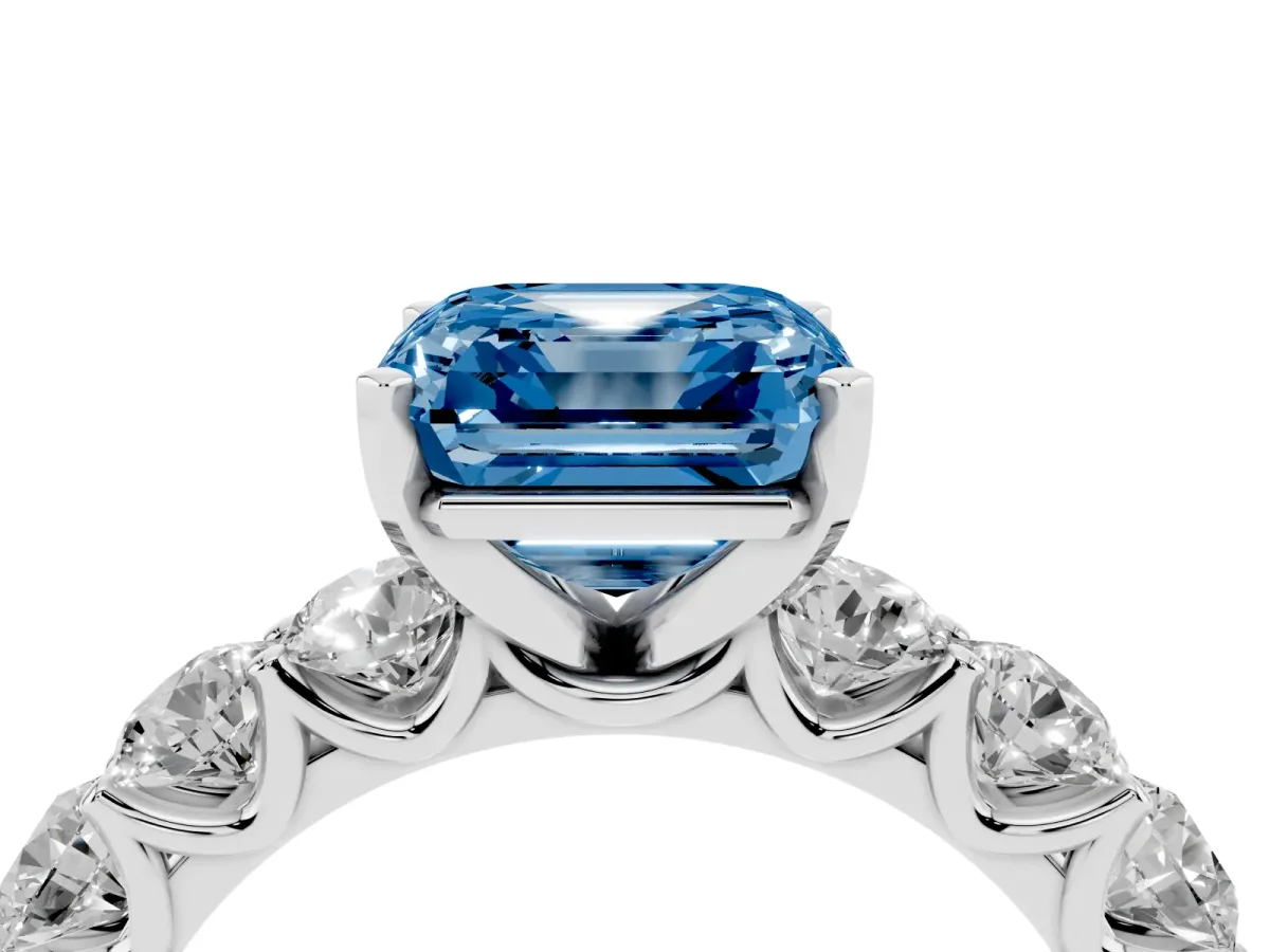 Fancy Blue Asscher Cut Diamond Prong Setting with Side Stones on a Pave Band Silver