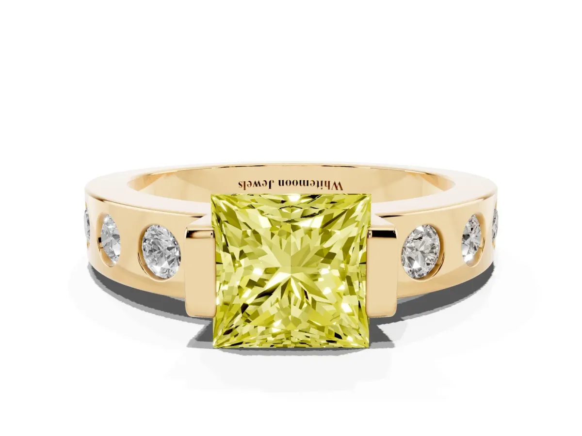 Fancy Yellow Princess Cut Brilliant Channel-Set Diamond Ring with Bezel Prong Setting Yellow gold