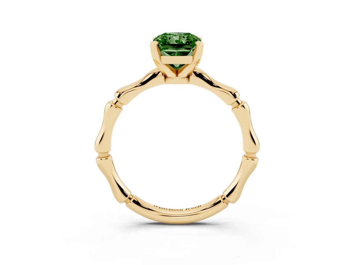 Fancy Green Radiant Cut Solitaire Diamond Ring with Bamboo Band and Four-Prong Setting Yellow gold