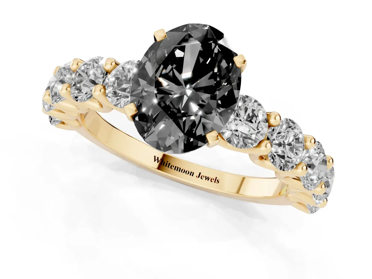 Fancy Black Oval Cut Diamond Prong Setting with Side Stones on a Pave Band Yellow gold