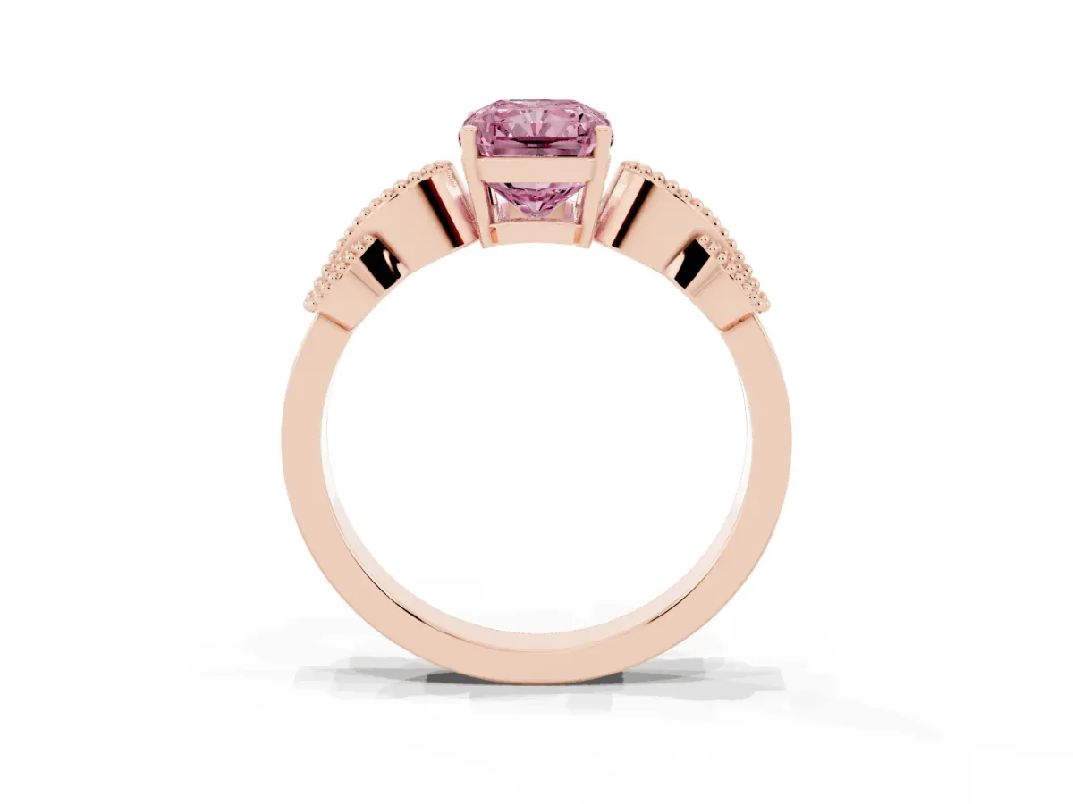 Fancy Pink Princess Cut Solitaire Milgrain Leaf Band with Prong Setting Rose gold