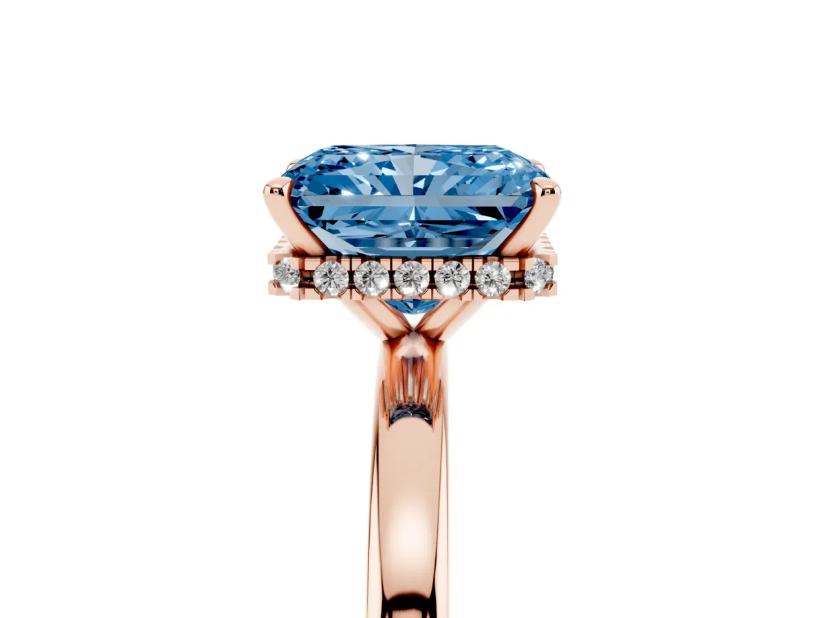 Fancy Blue Radiant Cut Solitaire Engagement Ring with Cathedral Band and Four-Prong Setting Rose gold