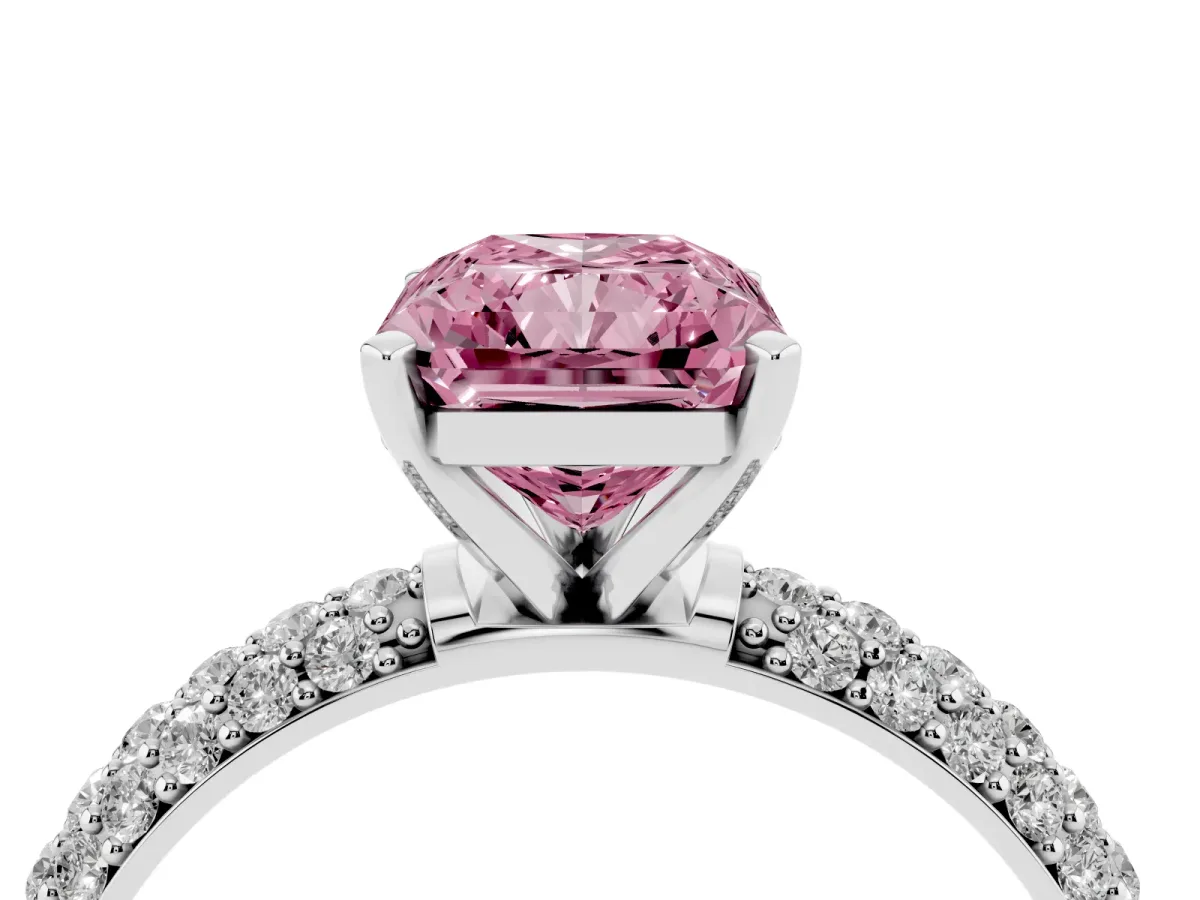 Fancy Pink Radiant Cut Diamond Solitaire Ring with Prong Setting and Pavé Band Silver