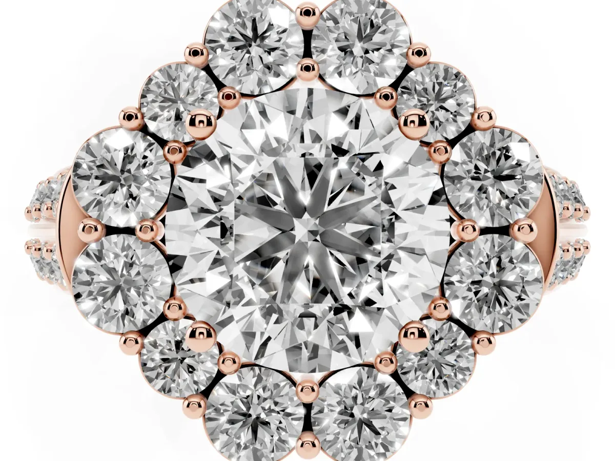 Round Cut Halo Diamond Engagement Ring with Split Shank and Prong Setting Rose gold