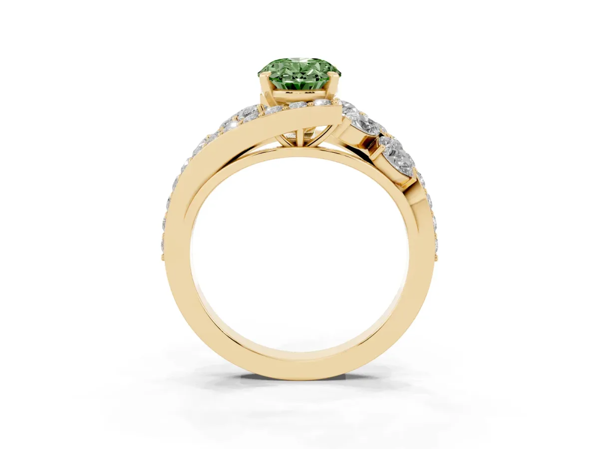 Fancy Green Oval Cut Diamond Halo Ring with Marquise and Pavé Band in Prong Setting Yellow gold