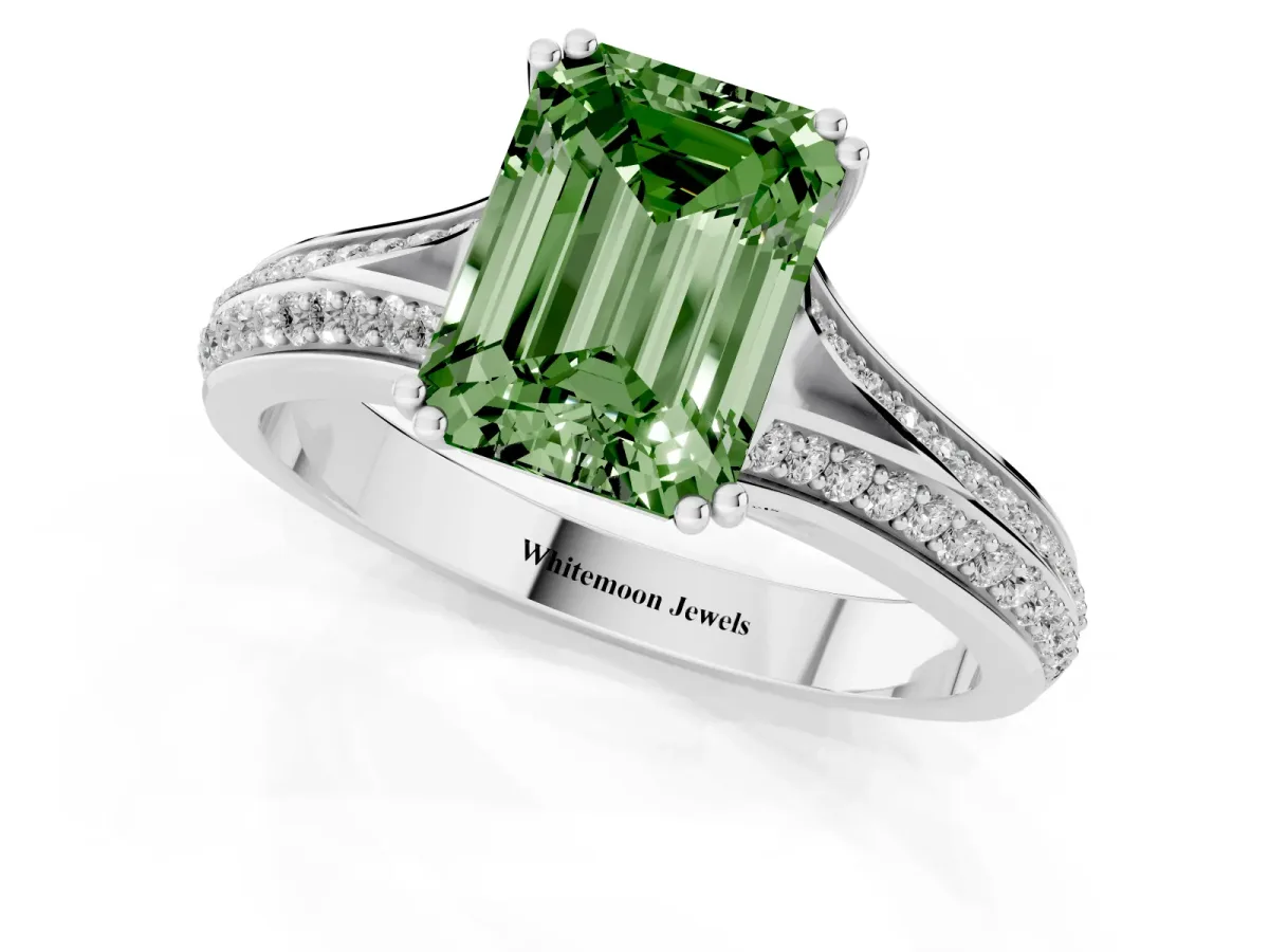 Fancy Green Emerald Cut Diamond Split Shank Engagement Ring with Pavé Band Silver