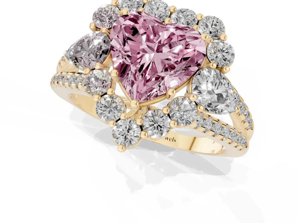 Fancy Pink Heart Cut Halo Split Shank Diamond Engagement Ring with Prong Setting Yellow gold