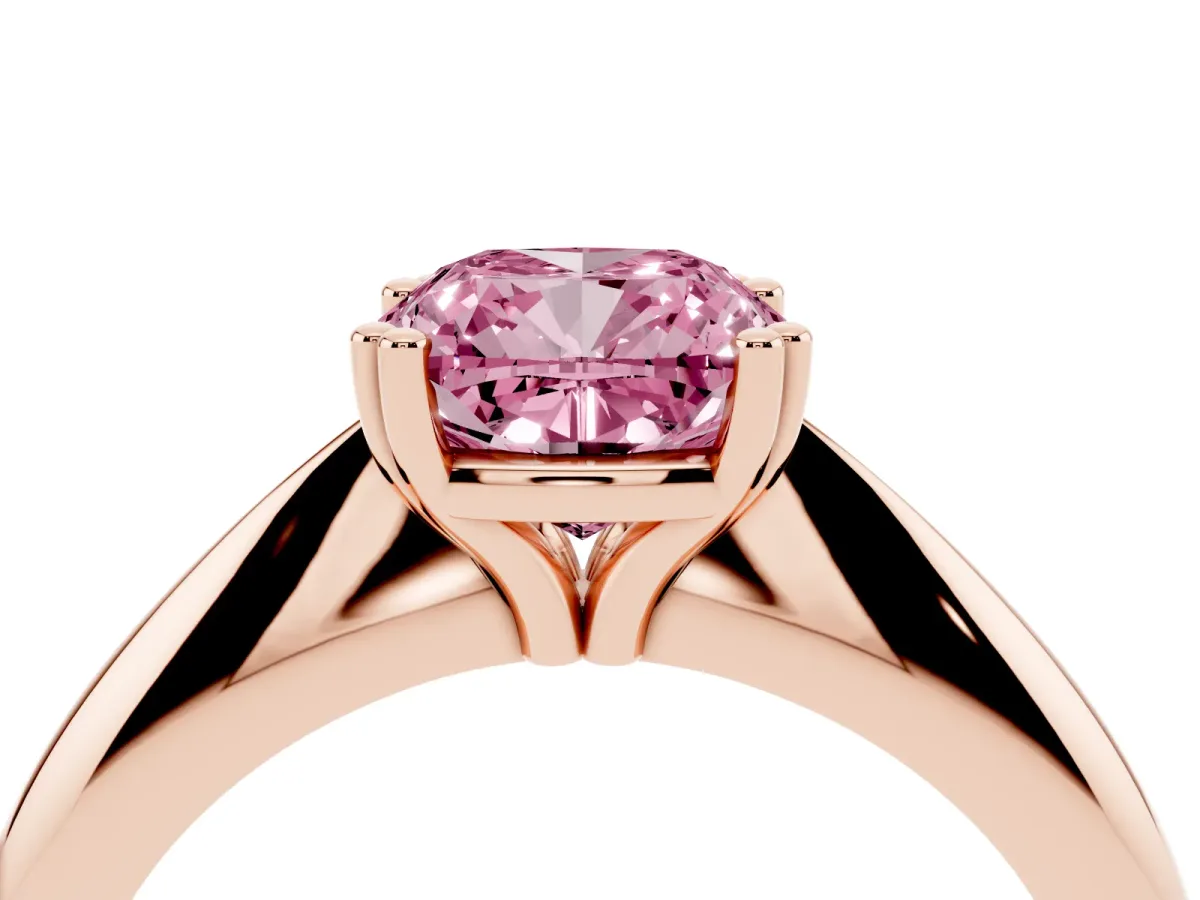 Fancy Pink Cushion Cut Cut Solitaire Engagement Ring with Tapered Band and Four-Prong Setting Rose gold