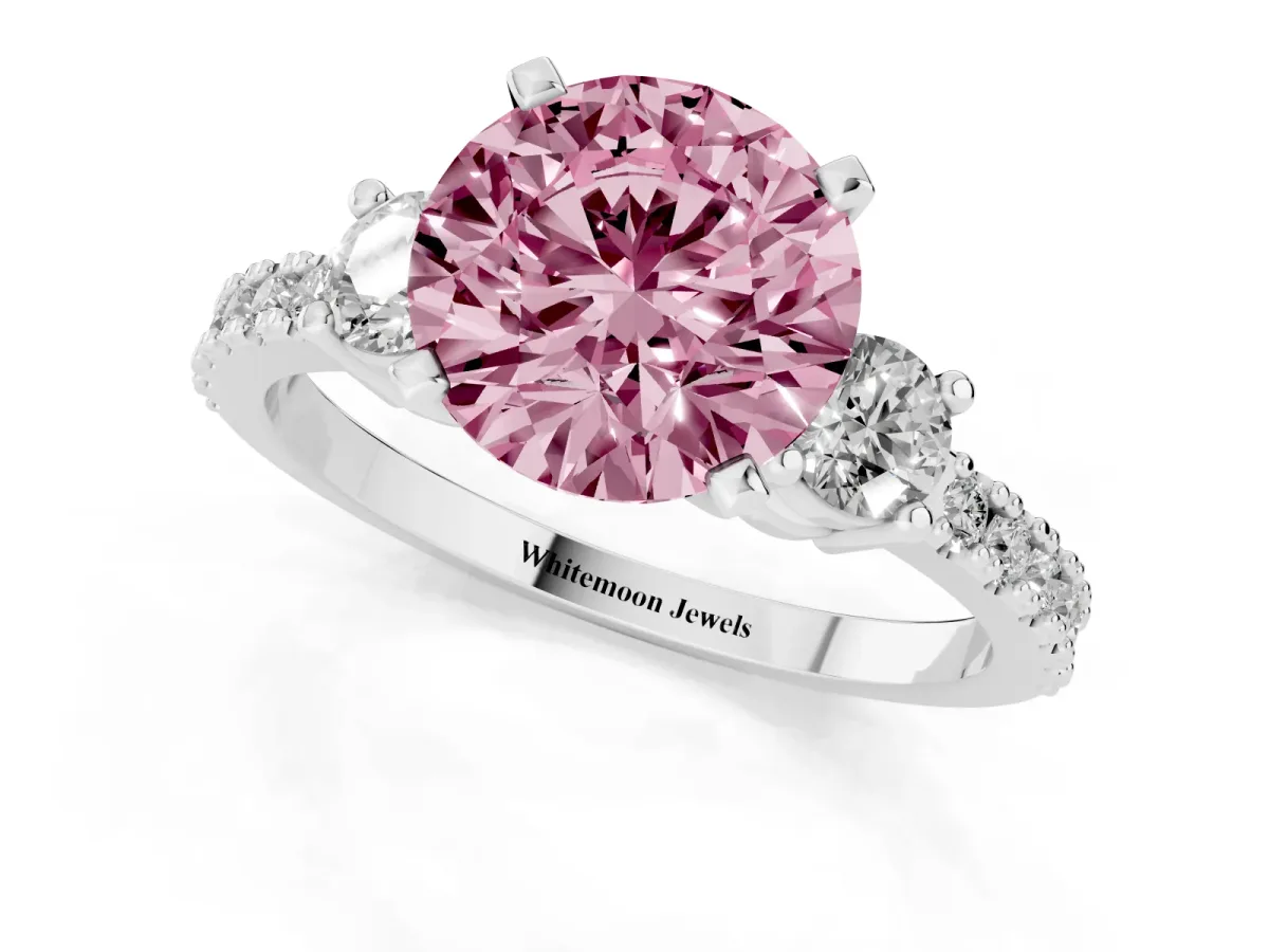 Fancy Pink Round Cut Three-Stone Diamond Pavé Band with Prong Setting Silver