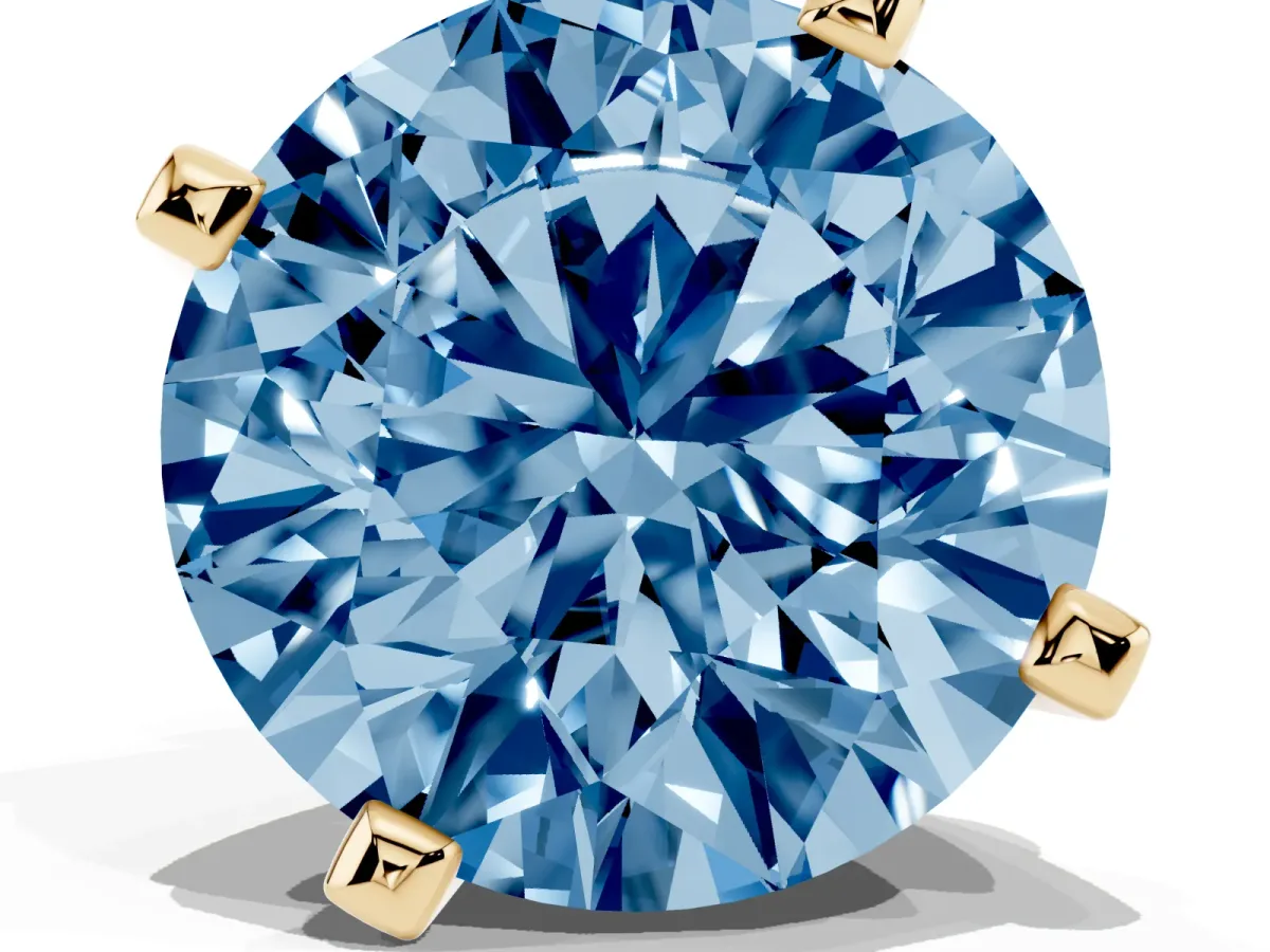 Fancy Blue Round Cut Diamond Solitaire Ring with Prong Setting and Classic Band Yellow gold